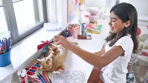 a girl plays with a cat